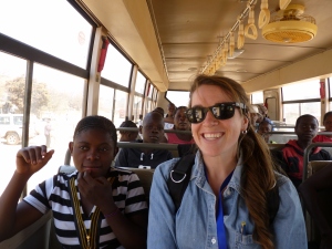 Me on a bus with families from Kasolondo going home to Lubumbashi as a part of the Kasolondo Repatriation Project.